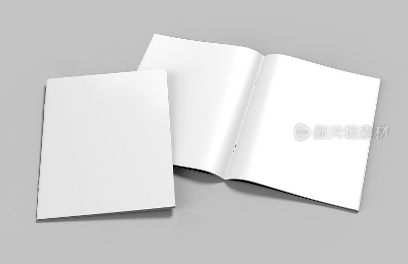 空白白色订订目录，杂志，小册子模拟在灰色的背景。3 d渲染插图。